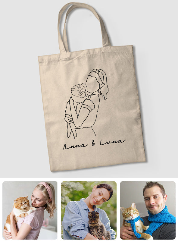 Custom Photo Line Art - Personalized Cat Embroidered Tote Bag