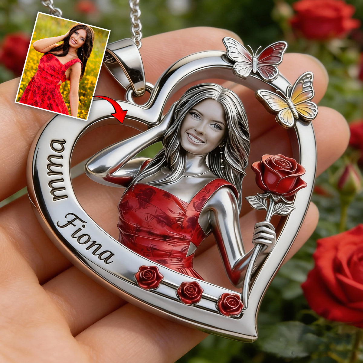 Custom Any Photo Birthmonth Flower - Personalized Self Love Shaped Metal Pendant Necklace