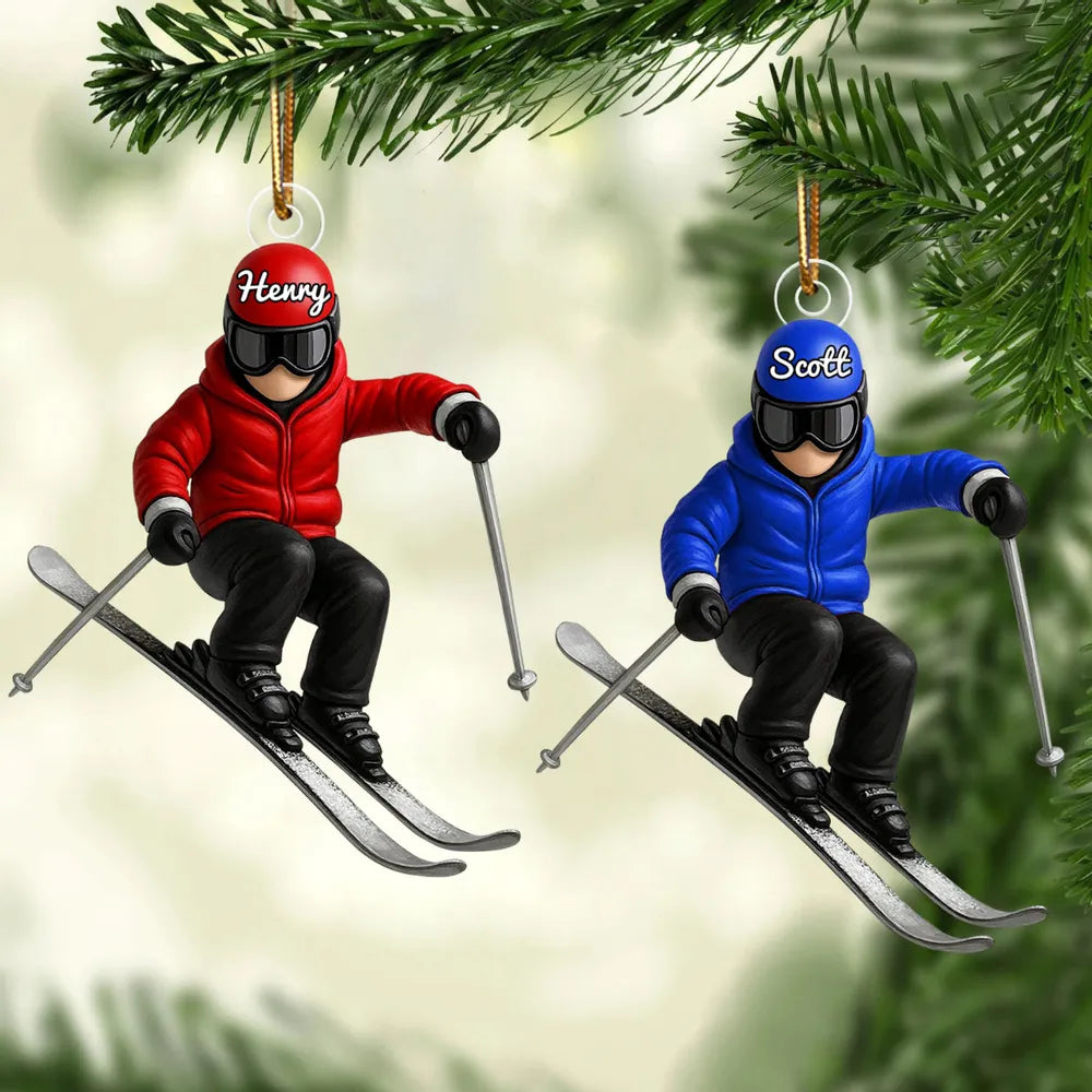 Personalized Skier Acrylic Ornament, Custom Name Winter Skiing Scene, Unique Christmas Tree Gift For Ski Lovers