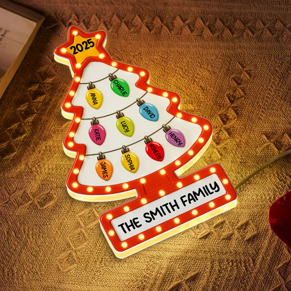 Family Christmas Tree Acrylic Light Box – Personalized Holiday Gift, Festive Home Decoration