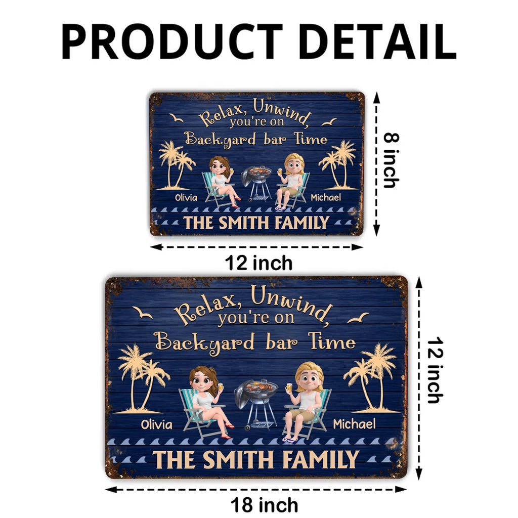 Personalized Patio Time Rectangular Iron Sign with Relax, Unwind Quote, Couple by the Grill, Unique Outdoor Gift