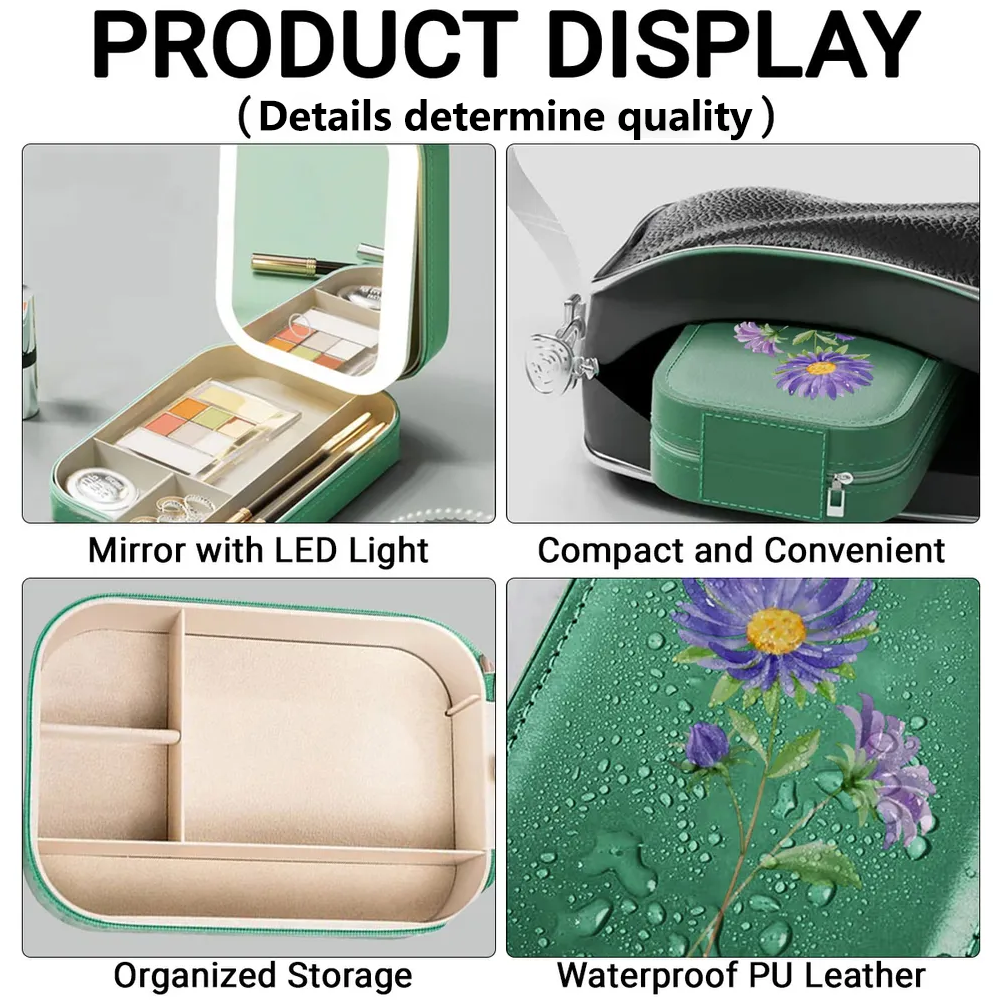 Leather LED Makeup Case With Birth Month Flower Art, Portable Lighted Mirror, Unique Gift For Her