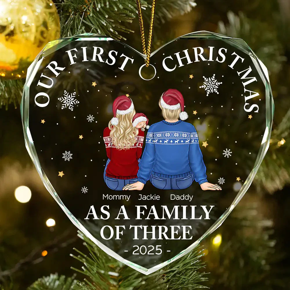 Crystal Heart Ornament for Christmas tree, cozy couple illustration with little one, keepsake, gift-ready for new parents and families