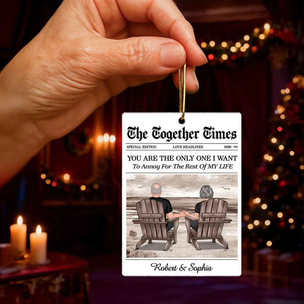 Couples Beach Newspaper-Style Acrylic Ornament – Romantic Custom Keepsake, Perfect Gift for Christmas or Anniversary