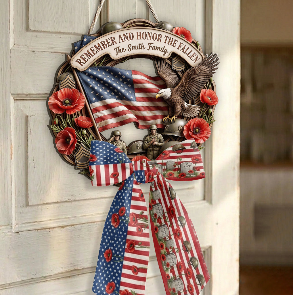 Honor The Fallen - Personalized Memorial Day Shaped Wood Sign With Sash