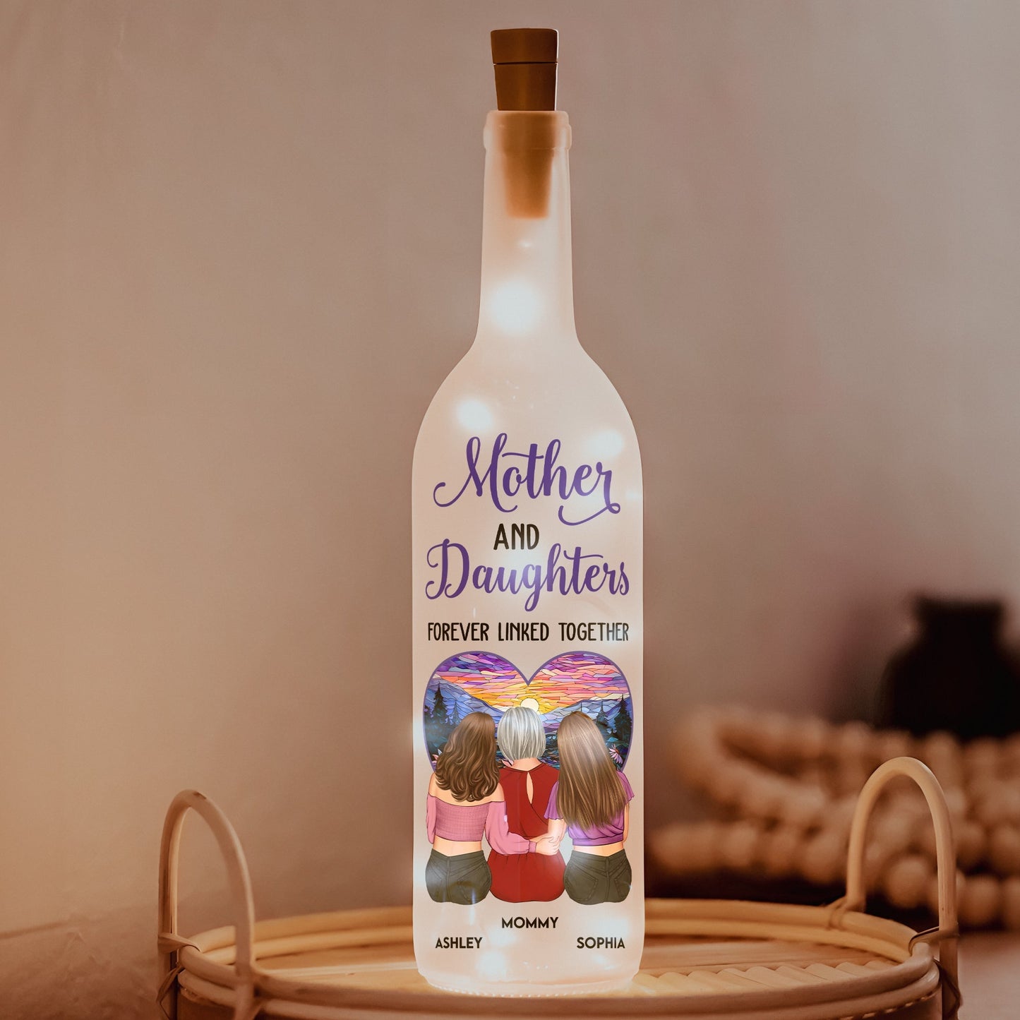 Personalized Bottle Lamp – "Mother and Daughters Forever Linked Together" Custom Light for Mom