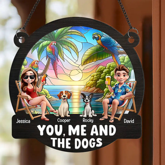 "You, Me and The Dogs" Personalized Ornament – Tropical Sunset Wood & Acrylic Layered Couple Gift