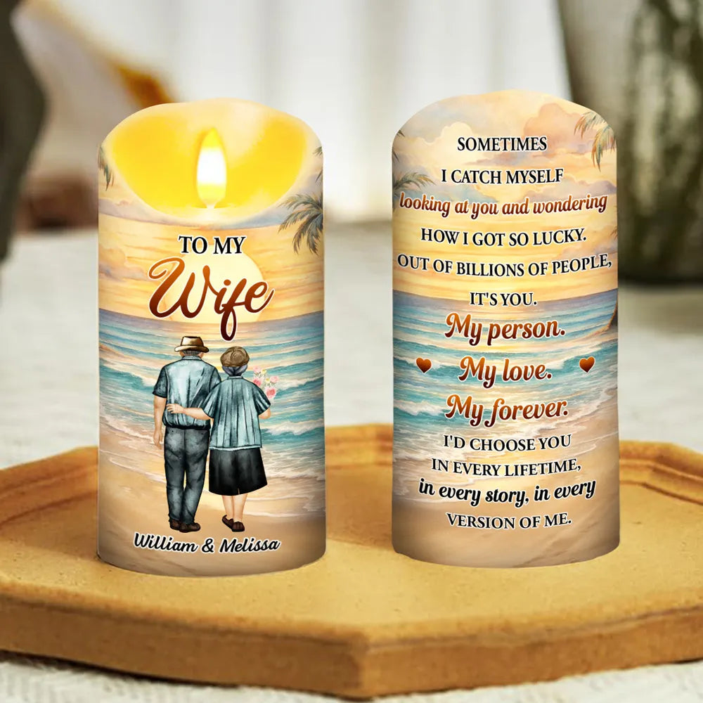 Personalized Flameless LED Candle with Sunset Couple Hugging Art Romantic Unique Gift for Wife Warm Glow Decor