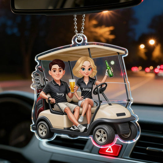 Personalized Acrylic Car Hanger Funny Golf Cart Couple Mirror Decor - Unique Gift for Couples