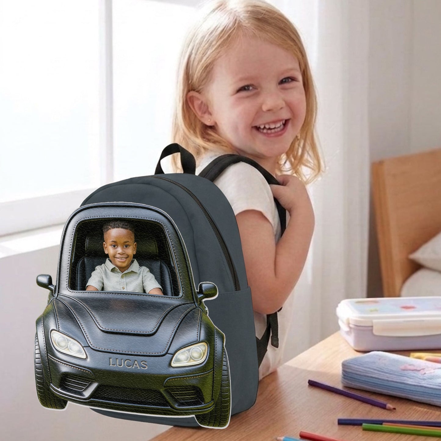 Custom From Photo And Vehicle - Personalized Kid Changeable Leather Patch Backpack