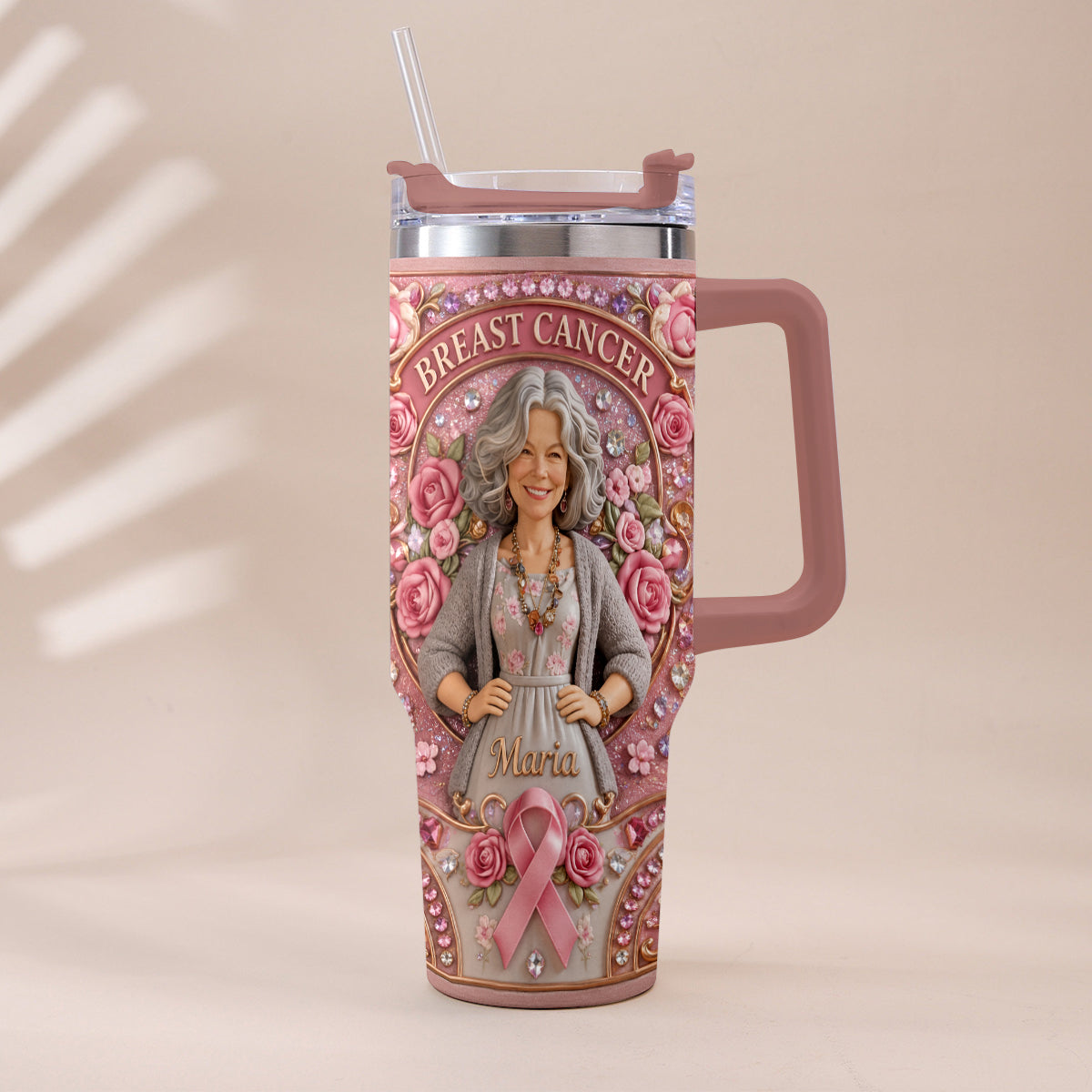 Hope Strength Love - Personalized Breast Cancer Awareness Tumbler With Plush Charm