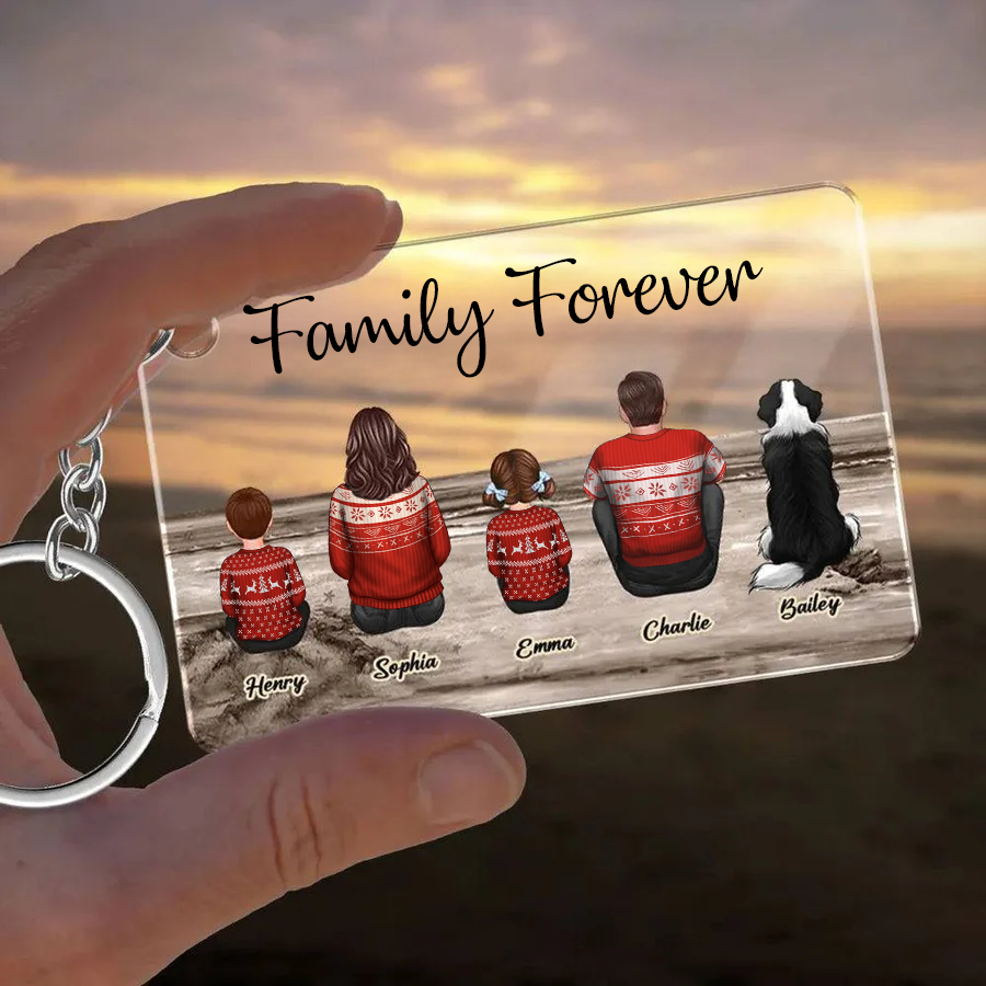 Beach Landscape Family Sitting Back View - Personalized Keychain or Poster or Plaque or Car Hanger or Pillow or Wallet or Wallet Card or Cap or Cup- Ideal Gift for Loved Ones