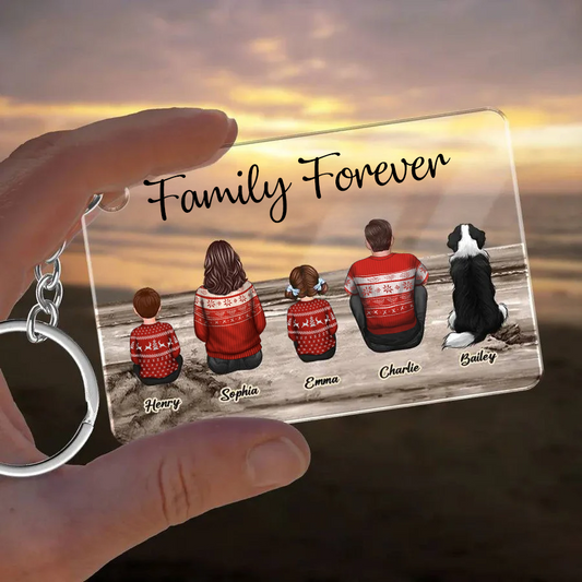 Beach Landscape Family Sitting Back View - Personalized Keychain or Poster or Plaque or Car Hanger or Pillow or Wallet or Wallet Card or Cap or Cup- Ideal Gift for Loved Ones