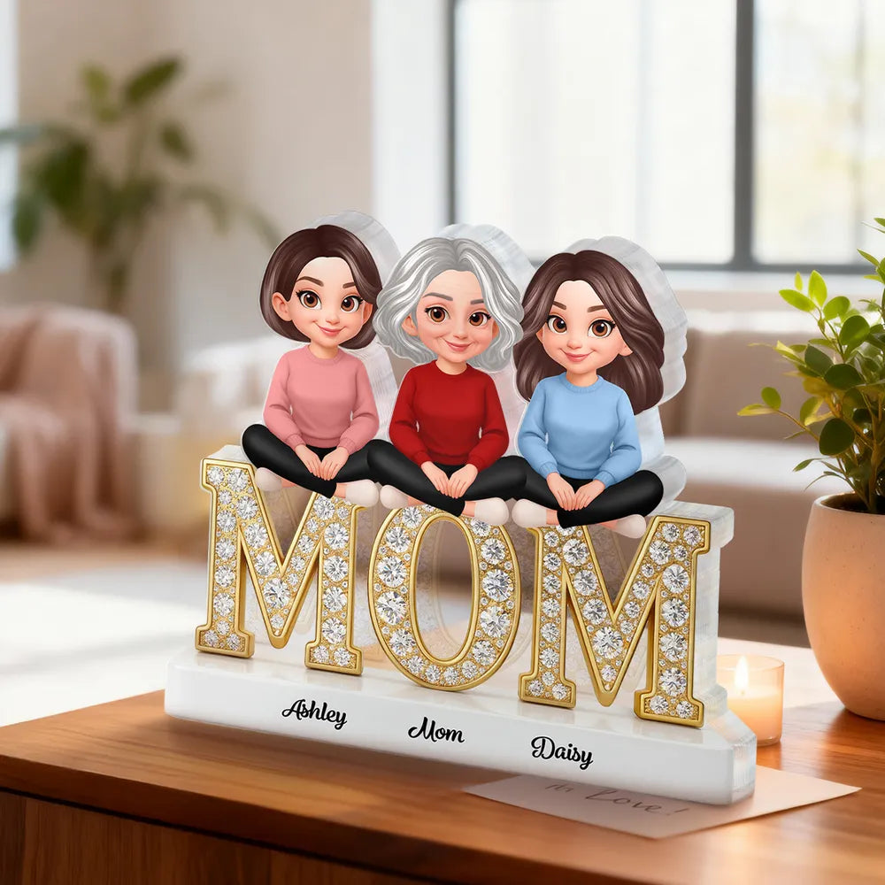 Personalized Shaped Acrylic Block Plaque with Mom & Daughters Cartoon Illustration, Sparkly MOM Shelf Decor, Unique Gift for Mom