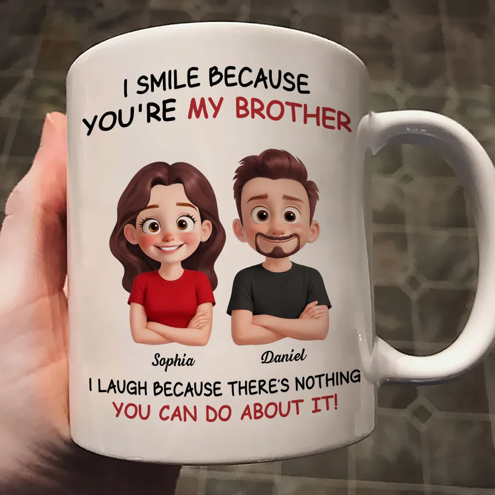 Funny Sibling White Ceramic Mug – Personalized Brother & Sister Cartoon, Playful Quote, Creative Gift for Coworker or Family