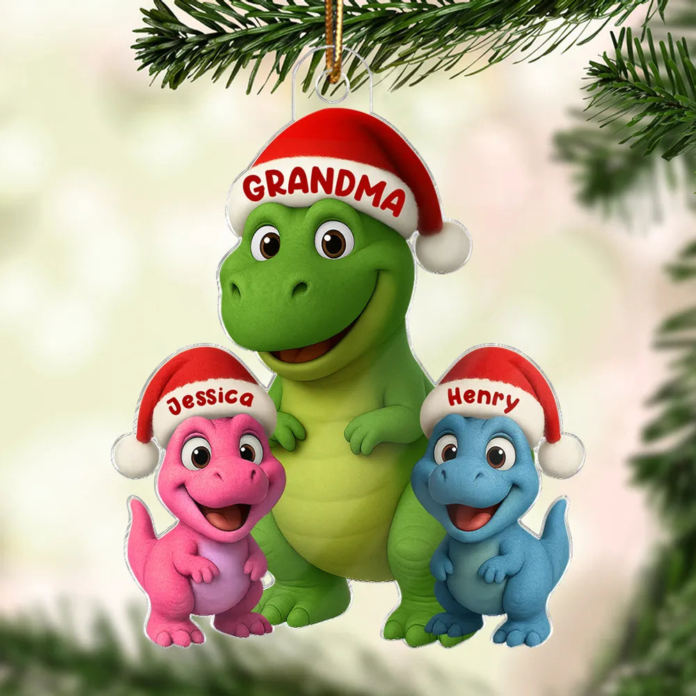 Christmas Grandma & Grandkids Dinosaur Acrylic Ornament – Adorable Family Keepsake, Perfect Gift for Grandparents