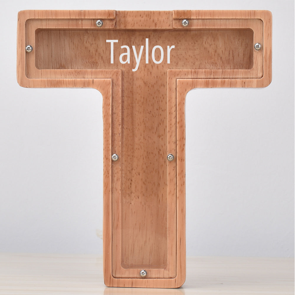 Custom Initial And Name - Personalized Letter And Name Oak Wooden Piggy Bank