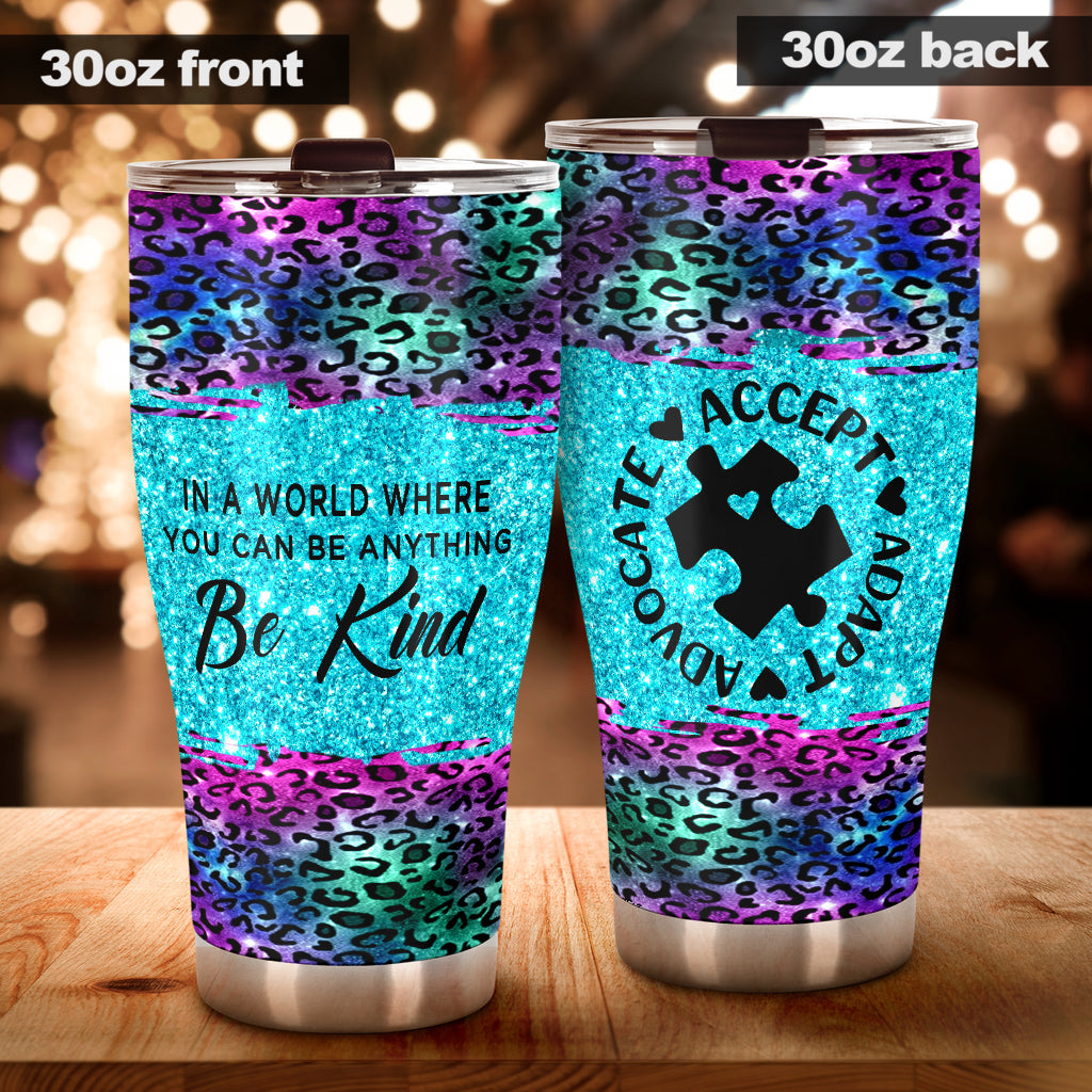 Be Kind Faux Glitter Print Autism Awareness Tumbler 0622