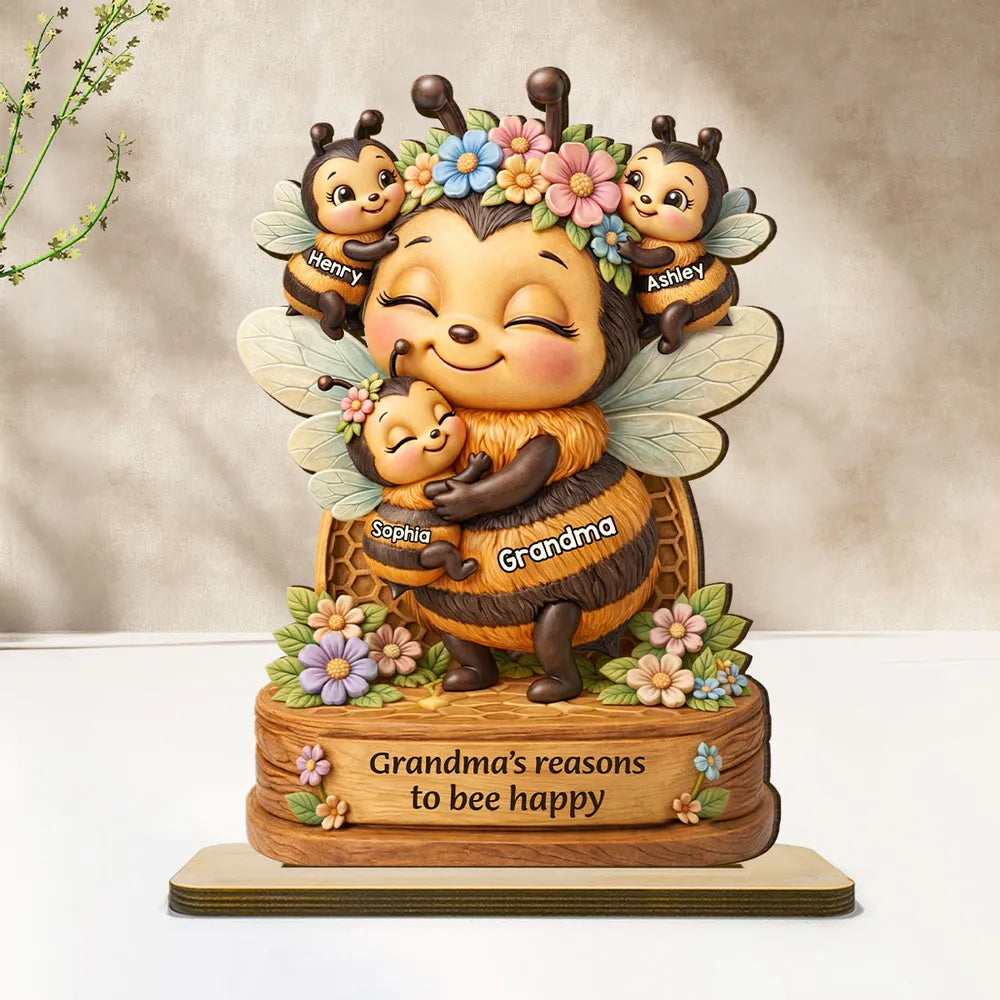 Personalized 2-Layer Wooden Plaque Grandma's Reasons to Bee Happy Cute Bee Family Keepsake Unique Gift for Grandma
