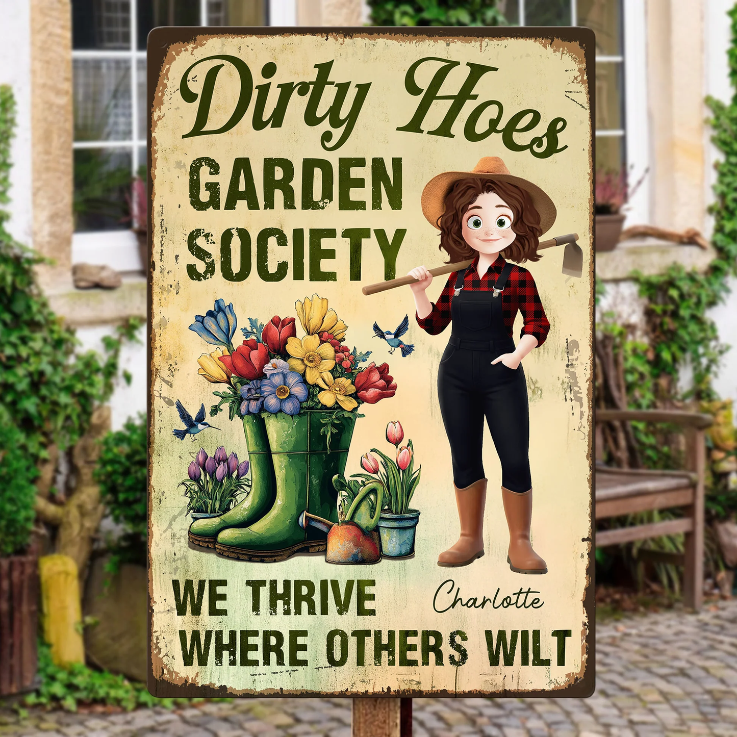 Personalized Rectangular Iron Sign Dirty Hoes Garden Society Funny Vintage Garden Decor, Unique Gift for Plant Lovers