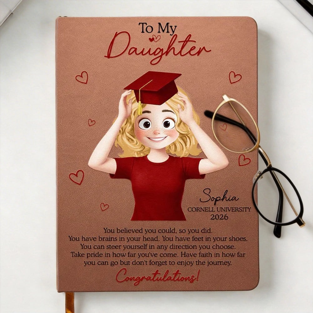 To My Daughter Graduation Leather Journal, Personalized Congrats Message with Heart Accents, Meaningful Unique Gift for Her