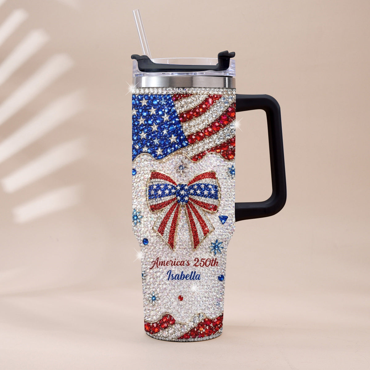America's 250th Bow - Personalized Independence Day/ 4th of July Rhinestone Tumbler With Plush Charm