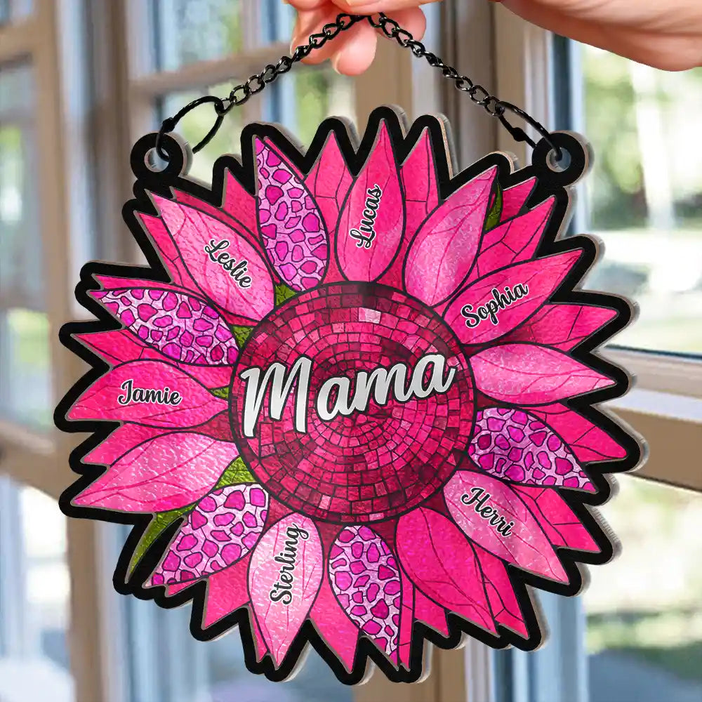 Nana Auntie Mom Family Sunflower Window Hanging Ornament - Personalized Wood and Acrylic Layered Design for Mother's Day, Valentine's Day, or Family Gifting