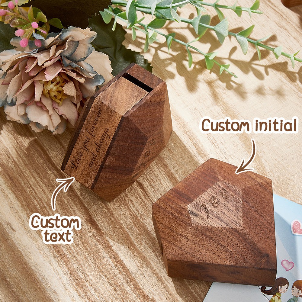 Custom Initial And Text - Personalized Initial Wooden Rotating Ring Box