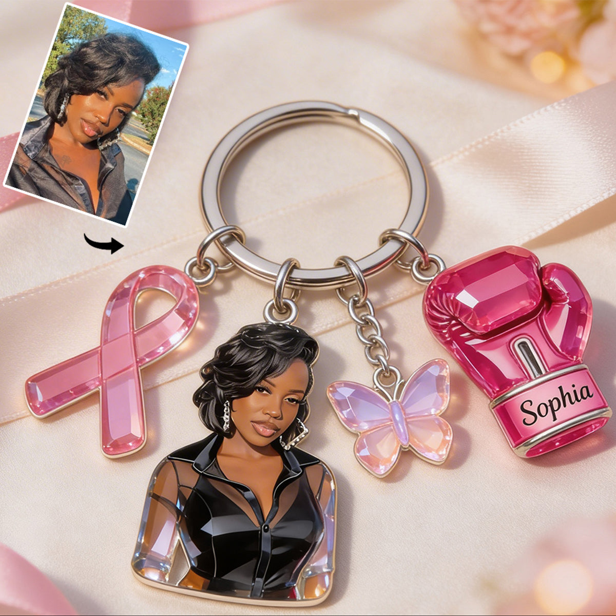 Faith Hope Love - Personalized Breast Cancer Awareness Keychain With Charms