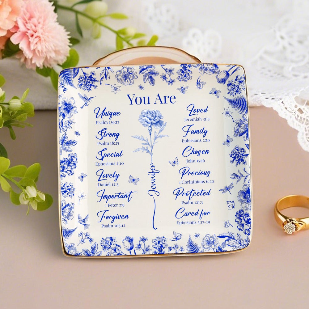 Jewelry Dish for Women, blue floral border with affirmation words, gold rim accents, elegant keepsake, customizable, a thoughtful gift