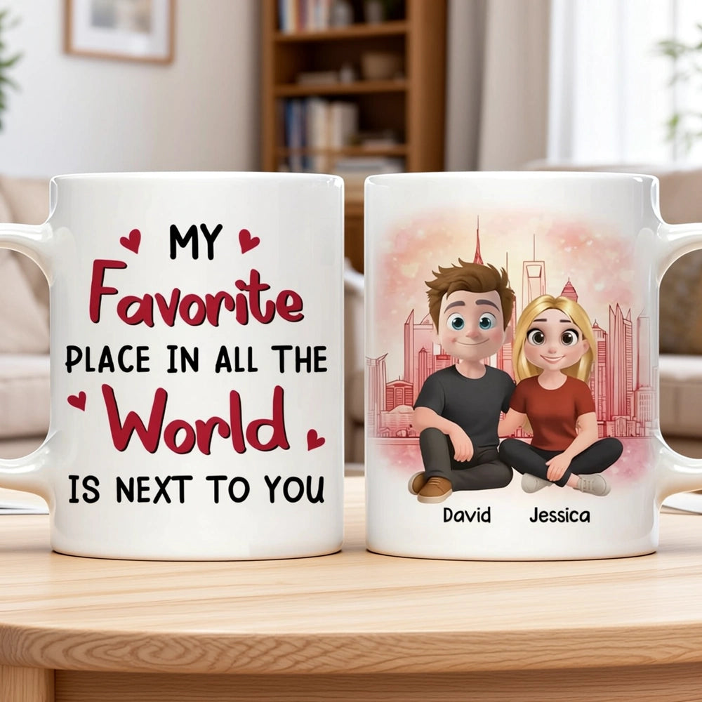 Personalized Ceramic Mug Cartoon Couple Sitting by City Skyline Unique Romantic Gift for Him or Her