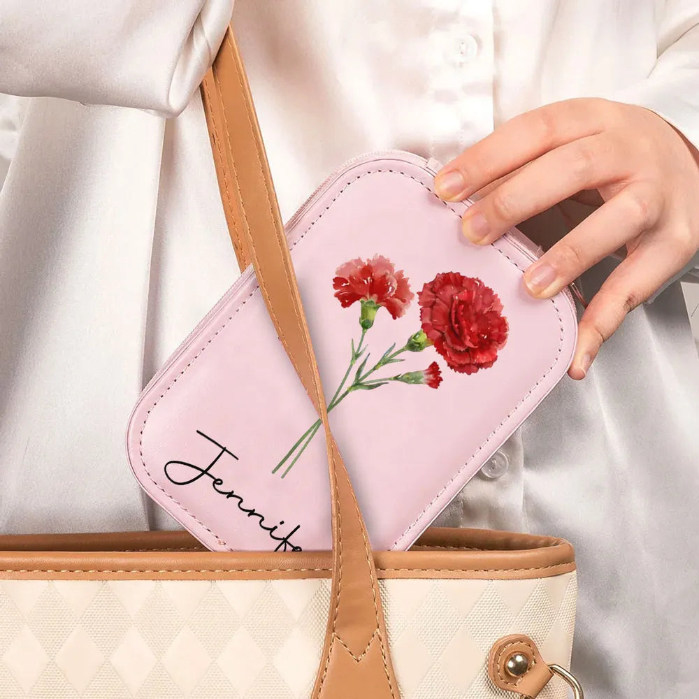 Leather LED Makeup Case With Birth Month Flower Art, Portable Lighted Mirror, Unique Gift For Her