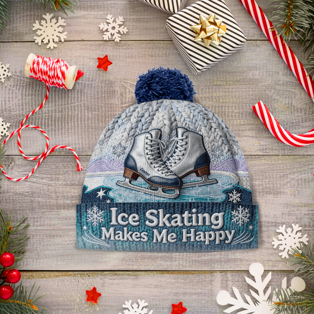 Ice Skating Makes Me Happy - Personalized Ice Skating Beanie Hat