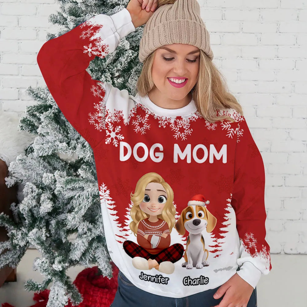 Personalized Dog Mom Printed Sweatshirt with Cartoon Portrait & Puppy, Festive Snowflake Design, Unique Christmas Gift for Pet Lovers