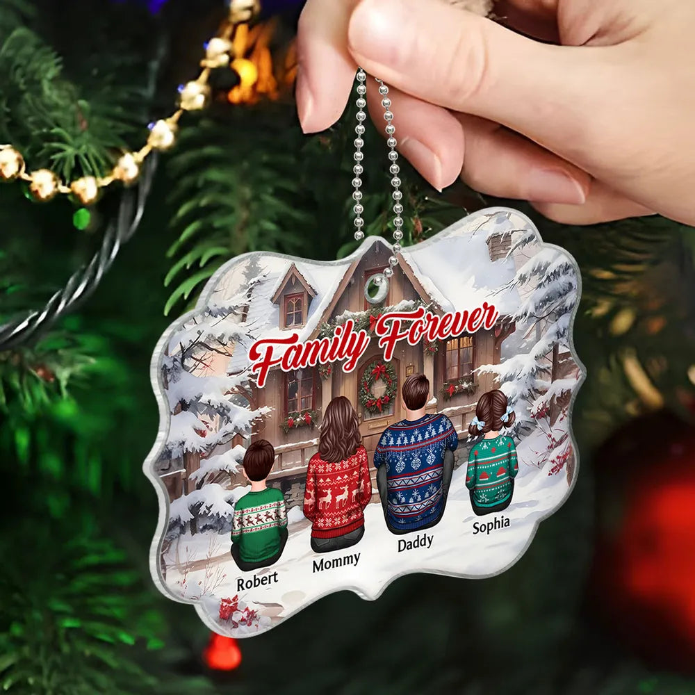 Snow House Back View Family Sitting Personalized Poster or Ornament or Plaque or Keychain