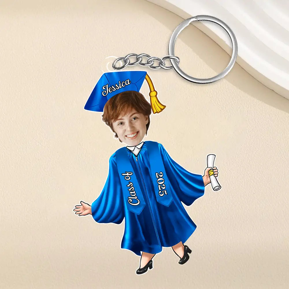 Custom Graduation Face-Cutout Acrylic Keychain – Cap, Gown & Diploma, Funny Keepsake Gift for the New Grad