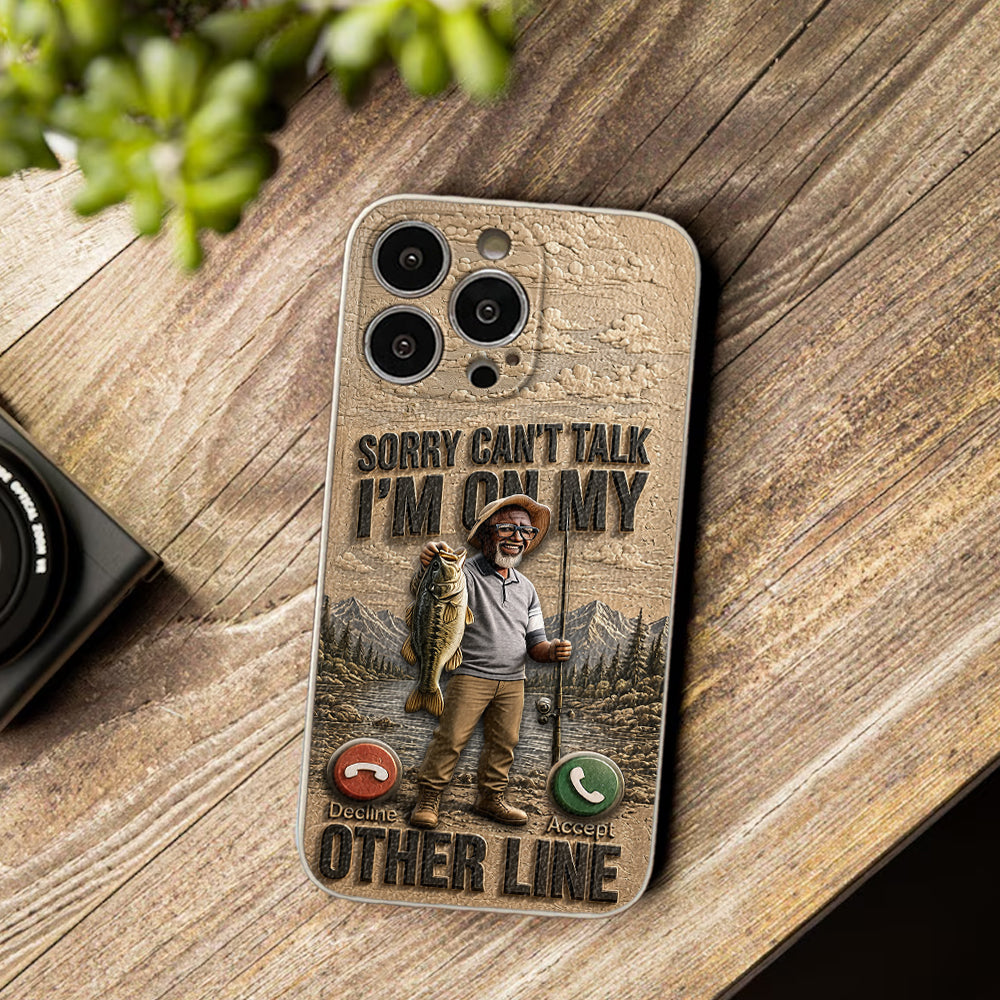 I'm On My Other Line, Fishing Lover Gift - Personalized Fishing 3D Embossed Leather Phone Case