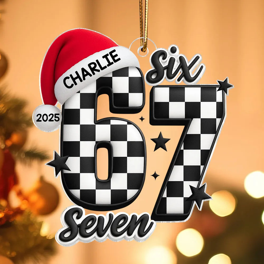 Personalized Acrylic Ornament with Checkered 67 and Santa Hat – Custom Kids Christmas Decor and Unique Holiday Gift