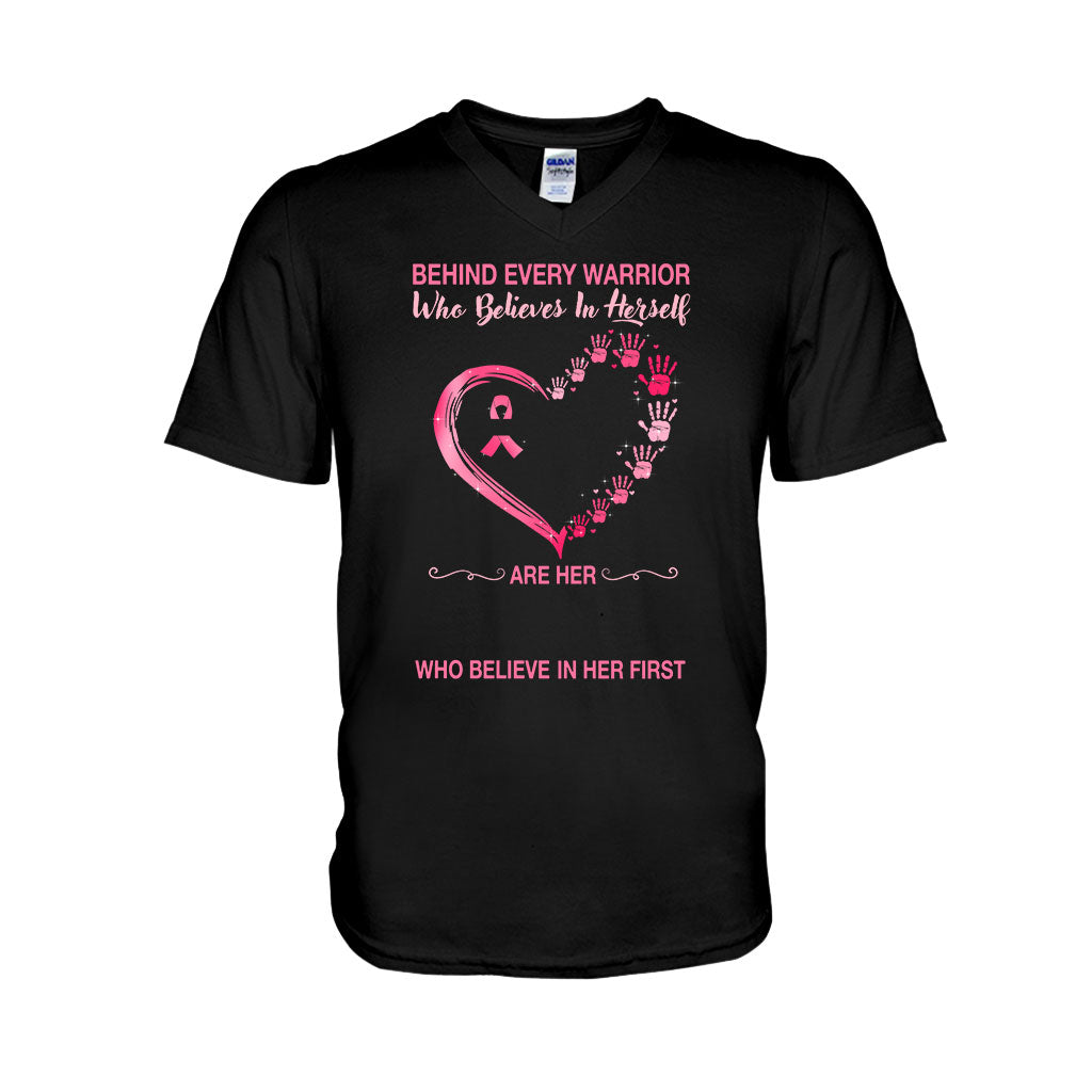Behind Every Warrior Pink Heart Hand Prints - Breast Cancer Awareness Personalized T-shirt And Hoodie