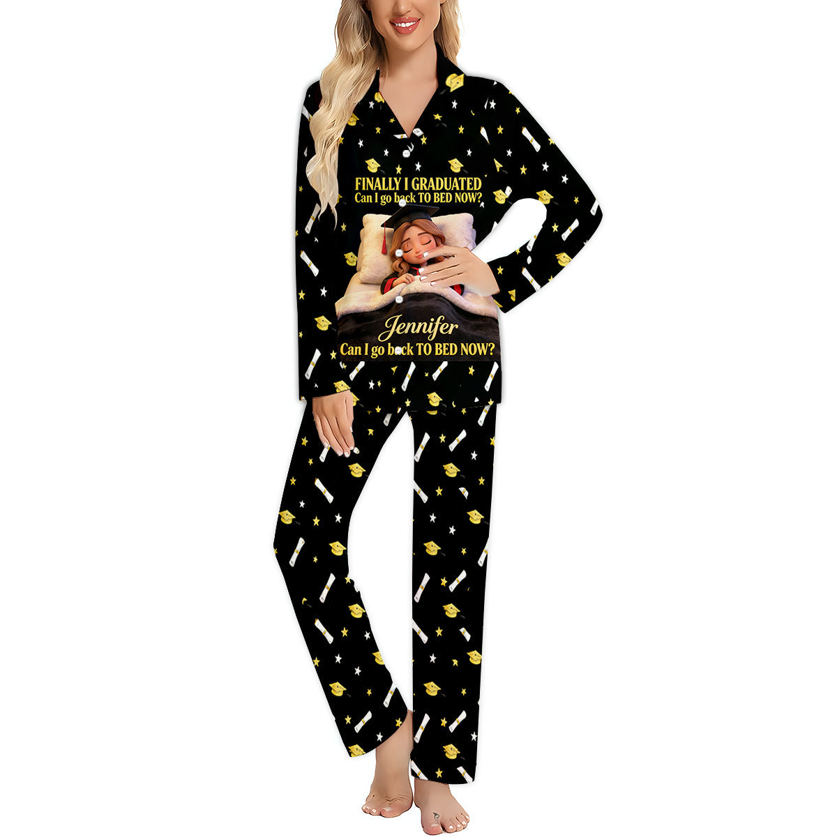Can I Go To Bed Now - Personalized Graduation Button Down Pajamas