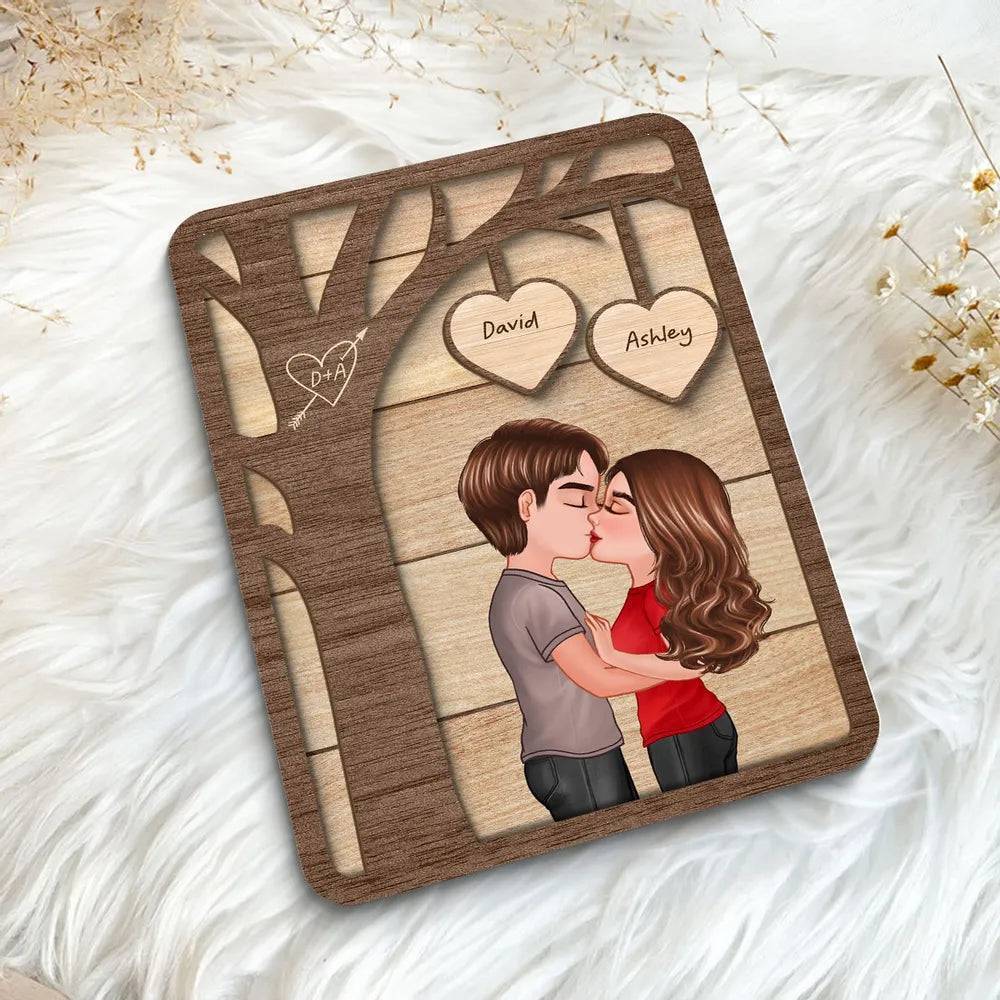 Love Beneath the Boughs - Personalized Kissing Couple Under Tree Wooden Plaque - 2-Layer Romantic Gift for Valentine's & Anniversaries