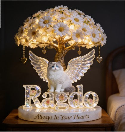Custom Always In Our Hearts Angel Wings Figurine, Personalized Ragdoll Cat Memorial Tree Lamp Statue, Pet Loss Sympathy Night Light