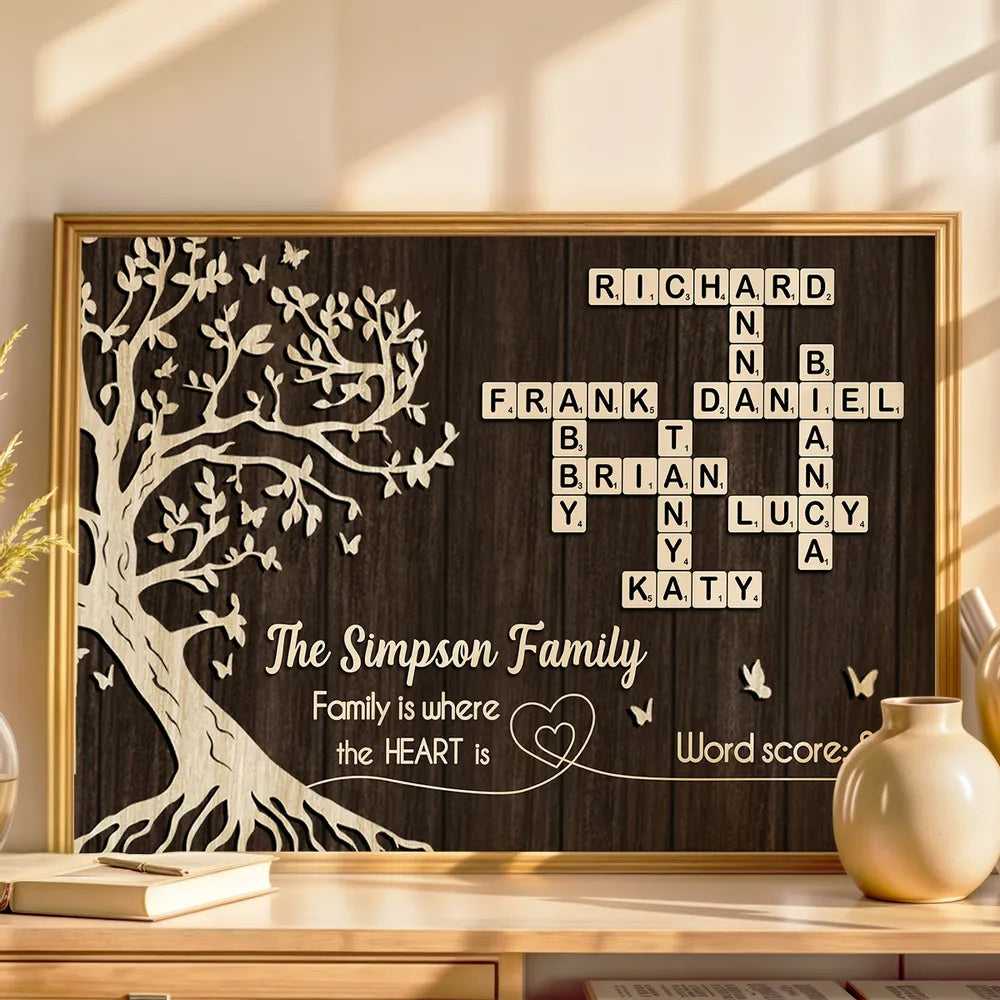 Custom Family Crossword Poster Wall Art – Personalized Names on Tree of Life, Heartwarming Gift for Parents