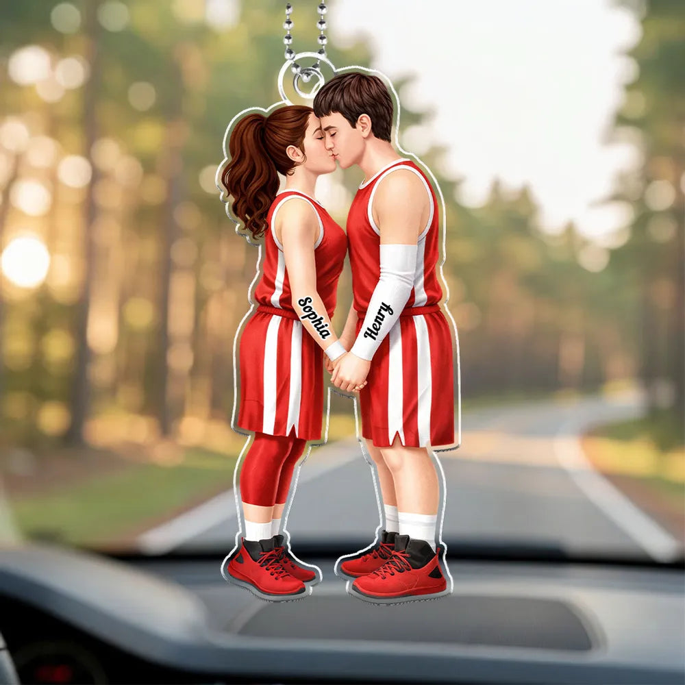 Acrylic Car Hanger with Kissing Basketball Couple, Personalized Cute Car Mirror Decor, Romantic Anniversary Gift