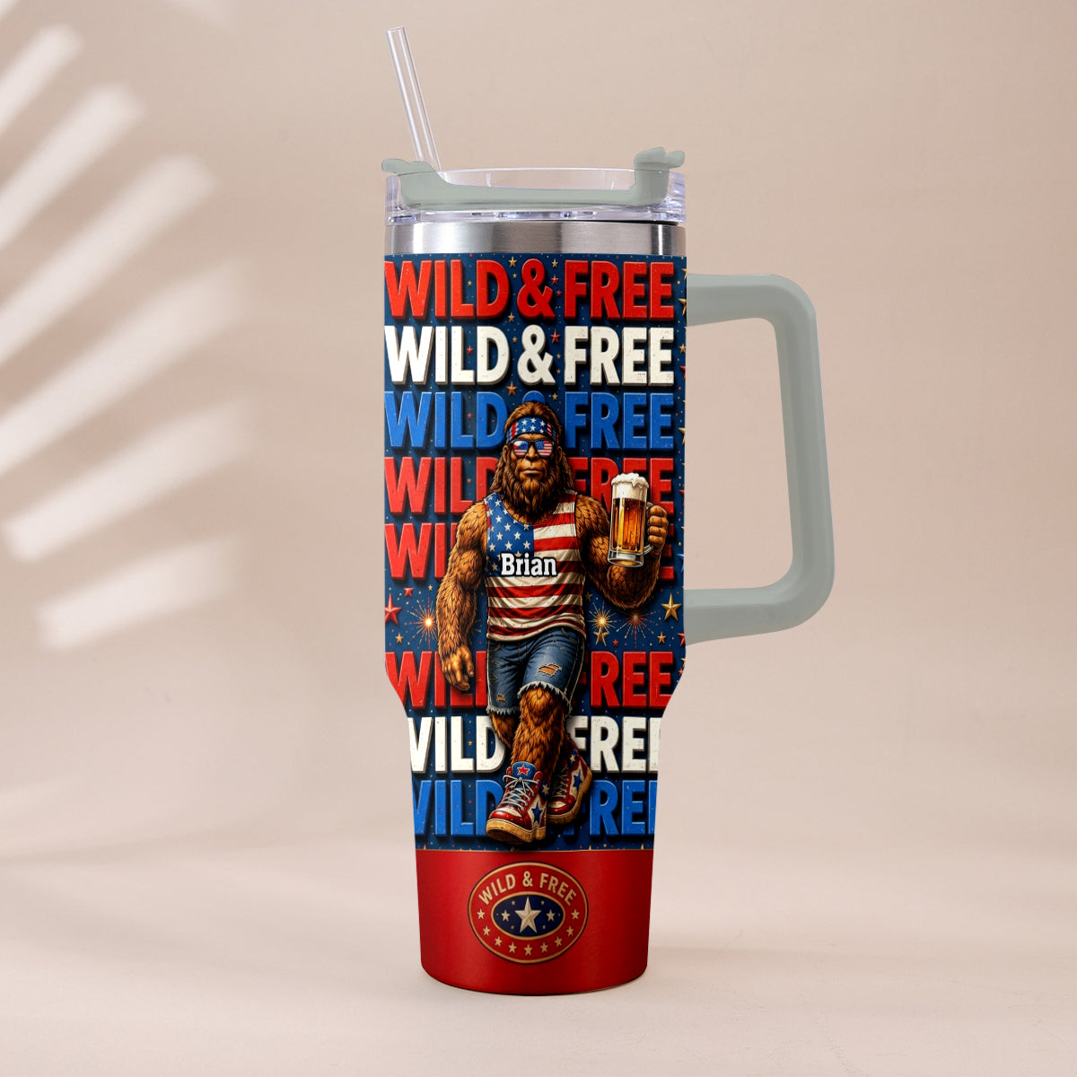 4th of July, Bigfoot Independence Day - Personalized Bigfoot Tumbler With Handle