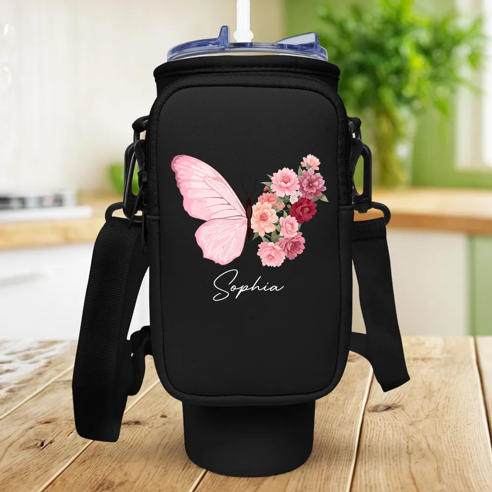 Personalized Water Bottle Carrier Bag with Butterfly & Floral Design – Custom Name, A Great Gift for Mom or Family