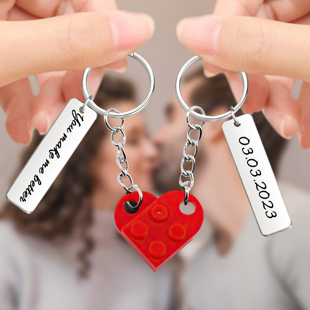 Heart Brick Matching Keychain - Gift For Girlfriend, Wife, Boyfriend, Husband - Personalized Couple Keychain