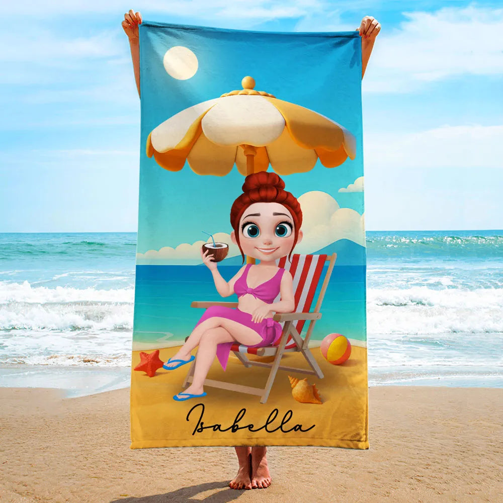 Custom Cartoon Beach Towel – Relax & Sip Under the Sun, Perfect Gift for Wife