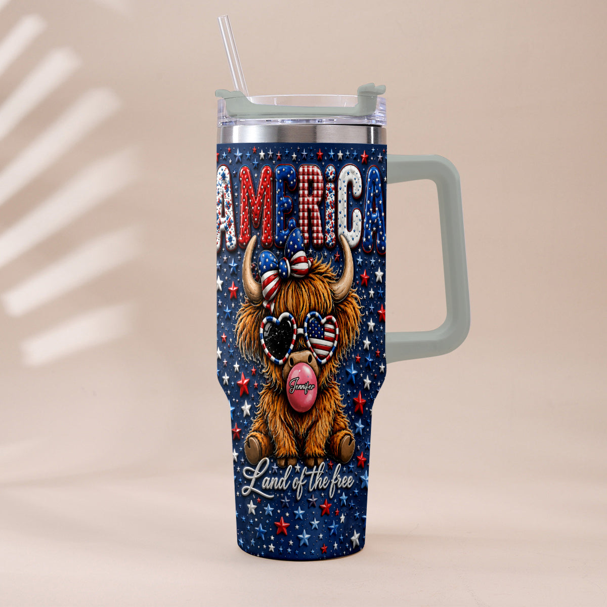 Land Of The Free - Personalized Highland Cow Tumbler With Plush Charm