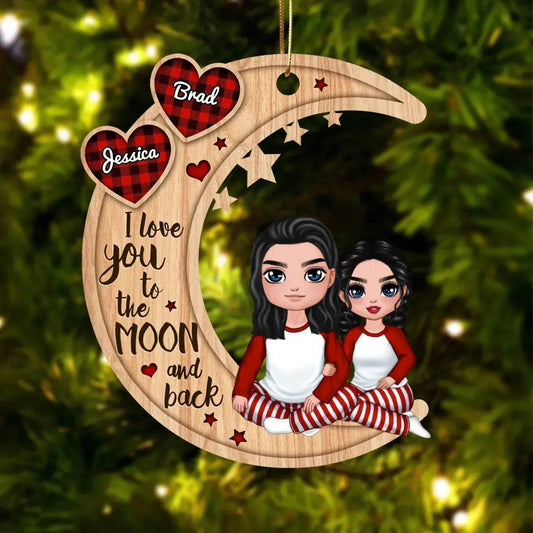 Doll Couple Sitting Hugging On Heart Pattern Moon - Personalized Wooden Ornament